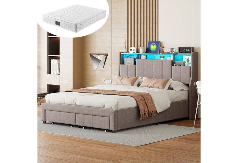 Furnishings Home Polsterbett Doppelbett Stauraumbett, Mit Matratze (Inkl. Zwei USB + Zwei Steckdosen), Mit LED Beleuchtung, Ladefunktion, 2 Schubladen, Leinen, 140x200 cm von Furnishings Home
