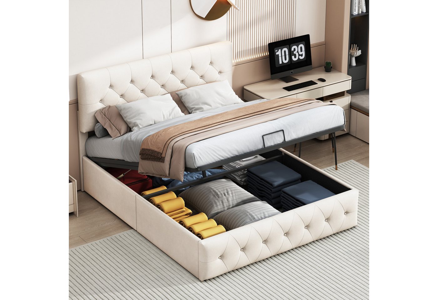 Furnishings Home Polsterbett Doppelbett Stauraumbett (1-tlg., Hydraulisch anhebbarer Bettstauraum), Mit Bettkasten, Lattenrost, Chesterfield Steppung, Samt, 160x200 cm von Furnishings Home