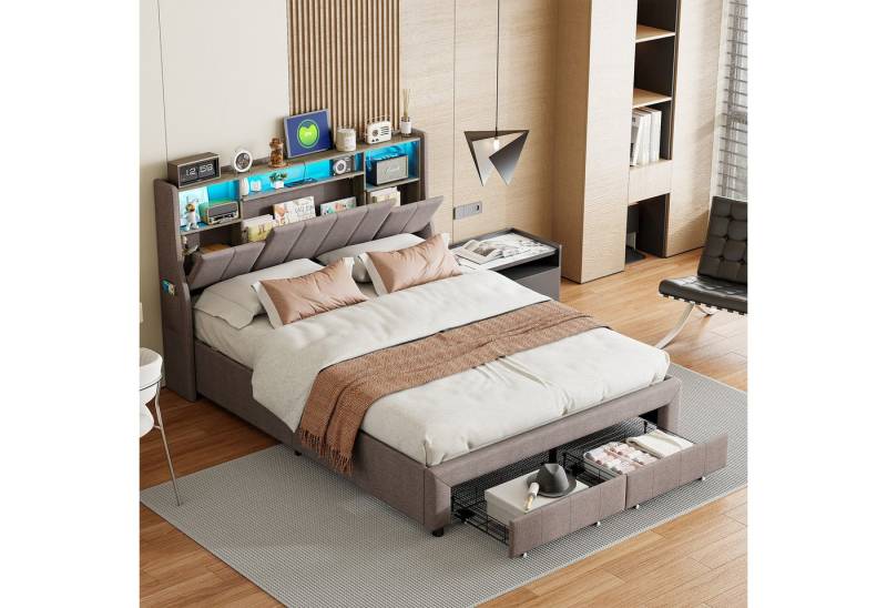 Furnishings Home Polsterbett LED Doppelbett Stauraumbett Ladefunktion (Zwei USB + Zwei Steckdosen), Mit LED Beleuchtung, Lattnenrost, 2 Schubladen, Leinen, 140x200 cm von Furnishings Home