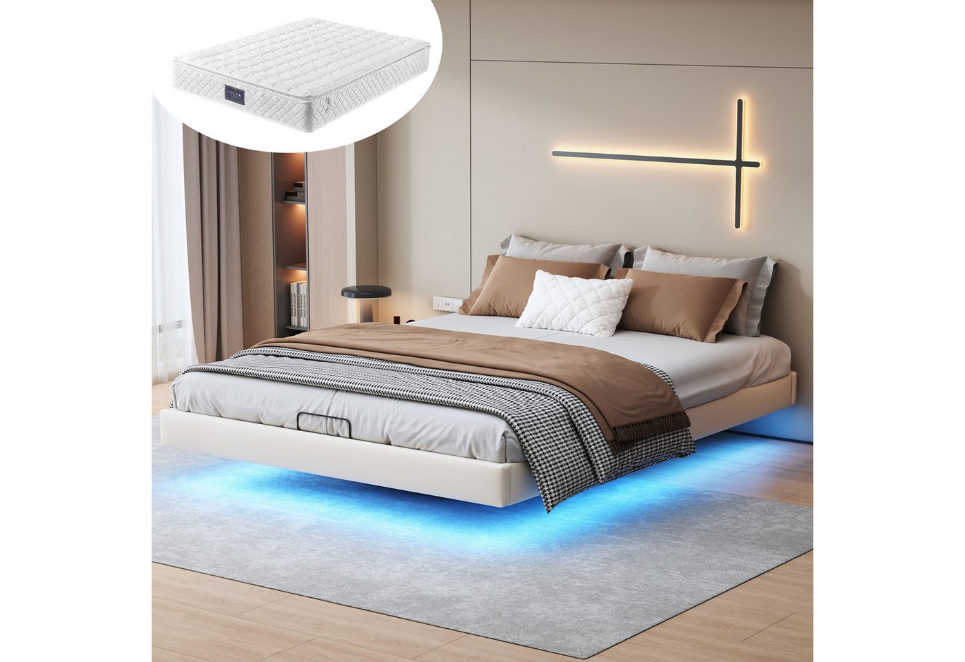 Furnishings Home Polsterbett Doppelbett Stauraumbett Inkl. Matratze (Hydraulisch anhebbarer Bettstauraum), Mit LED-Beleuchtung, Ladefunktion, Kunstleder, 160x200 cm von Furnishings Home