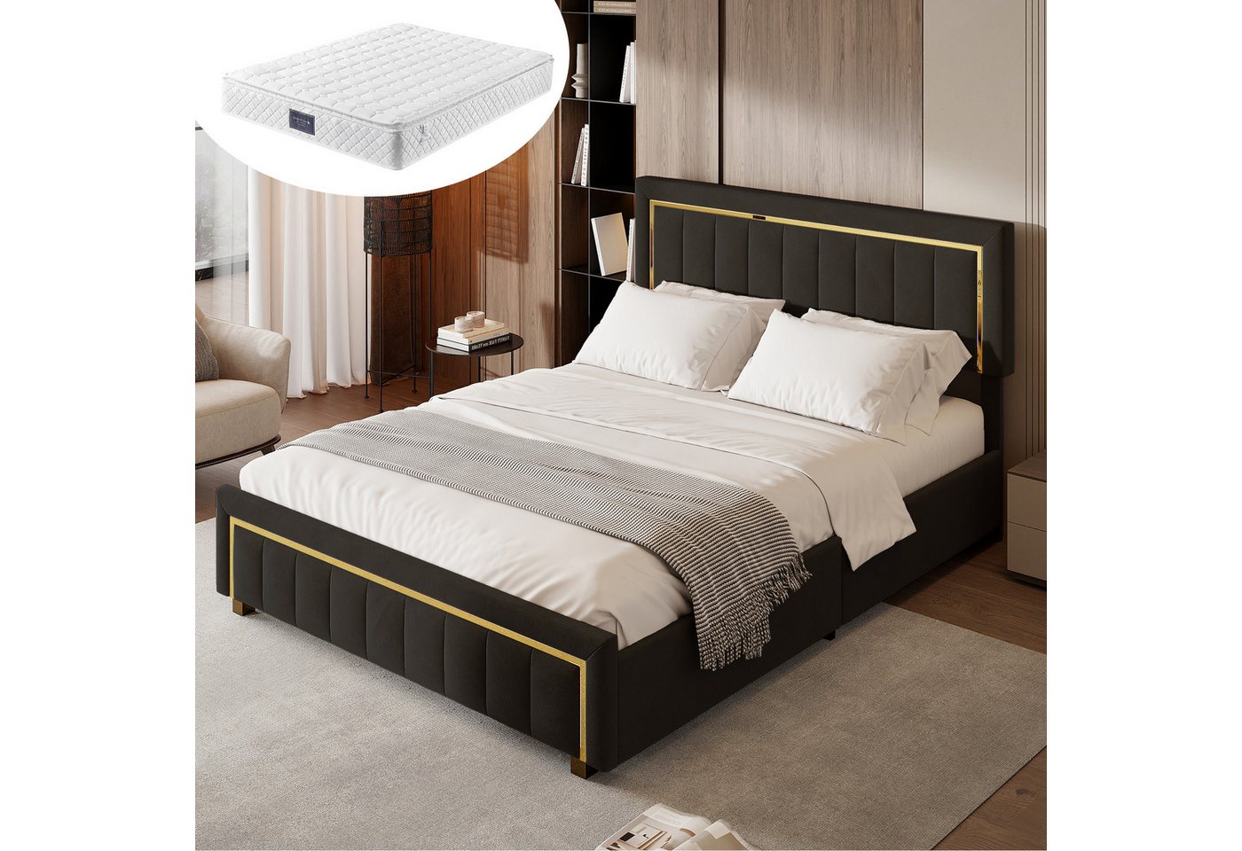 Furnishings Home Polsterbett Doppelbett Stauraumbett Inkl. Matratze (Hydraulisch anhebbarer Bettstauraum), Mit vergoldeter Leiste, Bettkasten, Lattenrost, Samt, 160x200 cm von Furnishings Home