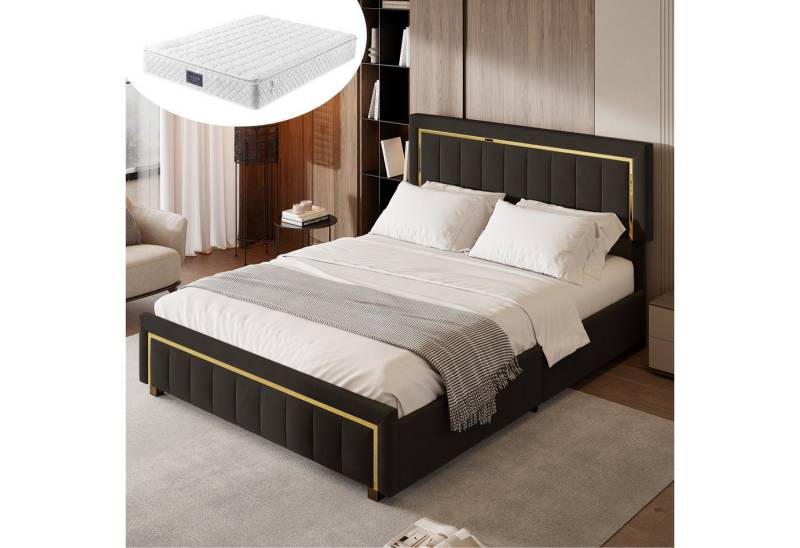 Furnishings Home Polsterbett Doppelbett Stauraumbett Inkl. Matratze (Hydraulisch anhebbarer Bettstauraum), Mit vergoldeter Leiste, Bettkasten, Lattenrost, Samt, 160x200 cm von Furnishings Home