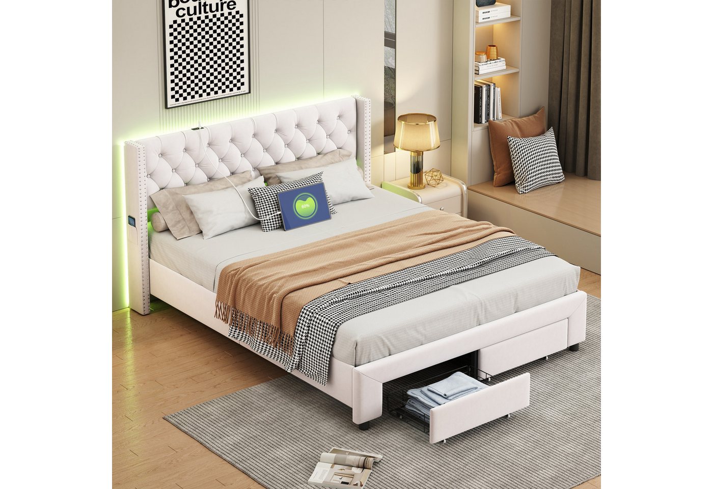 Furnishings Home Polsterbett Doppelbett Stauraumbett LED Stauraum Ladefunktion (1 tlg), Mit LED-Beleuchtung, USB & TYPE-C, Schubladen, Samt, 180x200 cm von Furnishings Home