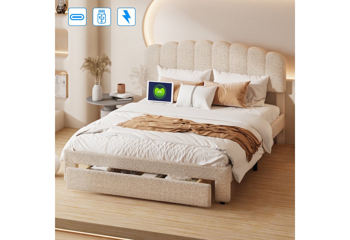 Furnishings Home Polsterbett Doppelbett Stauraumbett Ladefunktion (USB + TYPE-C, Geeignet für Jugendliche und Kinder), Mit Lattenrost, Schubladen, Teddy-Samt, 140x200 cm von Furnishings Home