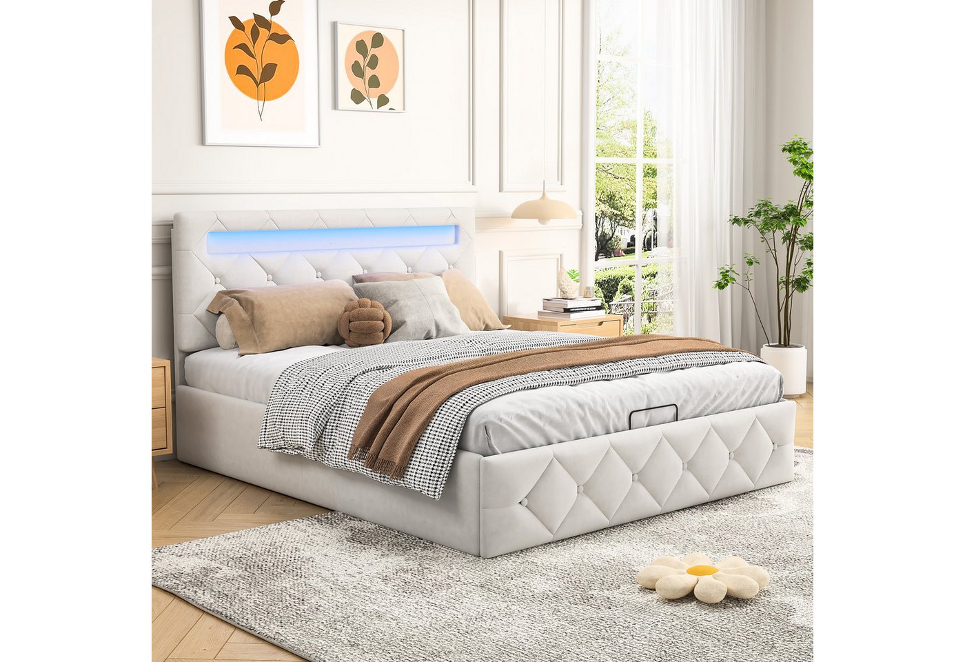 Furnishings Home Polsterbett Doppelbett mit LED, Hydraulisch anhebbarer Stauraumbett (1 tlg., Mit Lattenrost und Ladefunktion, Samtmaterial Polsterbett, 140x200 cm), Modernes Jugendbett, Leises Design Bett, Max. Belastbarkeit 300 kg von Furnishings Home