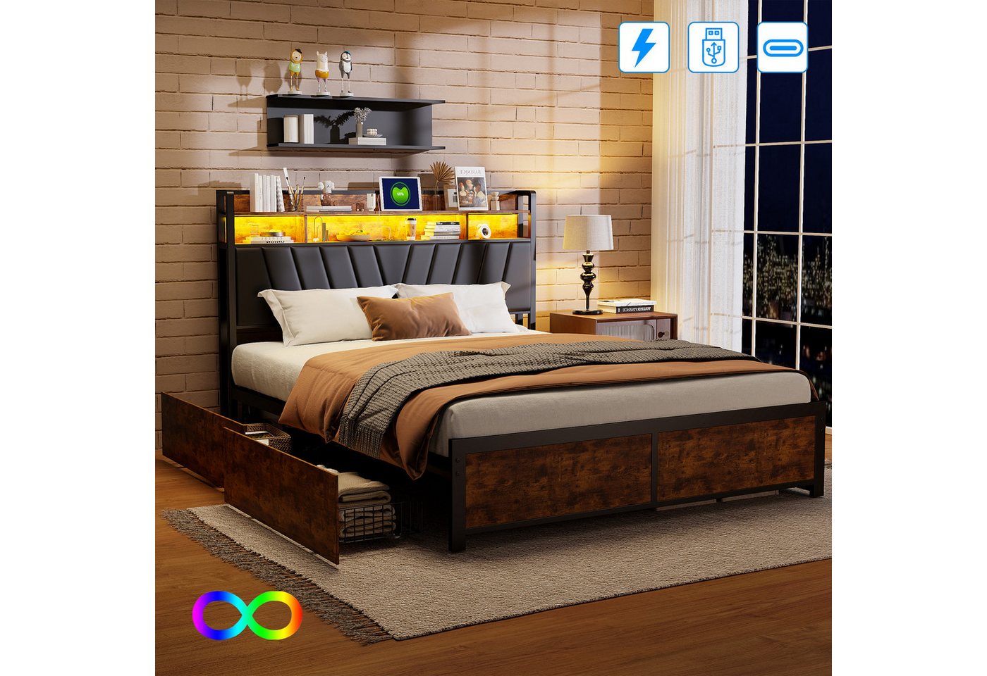 Gdood Polsterbett Stauraumbett LED Doppelbett (1-tlg., inkl. 4 Schubladen), Mit LED-Beleuchtung, Stauraum, Lattenrost, 180x200 cm von Gdood