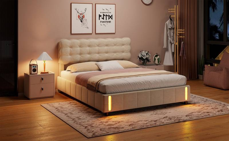Furnishings Home Polsterbett LED Stauraumbett Doppelbett (Ausgestattet mit hydraulischem Bettkasten), Mit LED-Beleuchtung, Bettkasten, Lattenrost, Samt, 160x200 cm von Furnishings Home