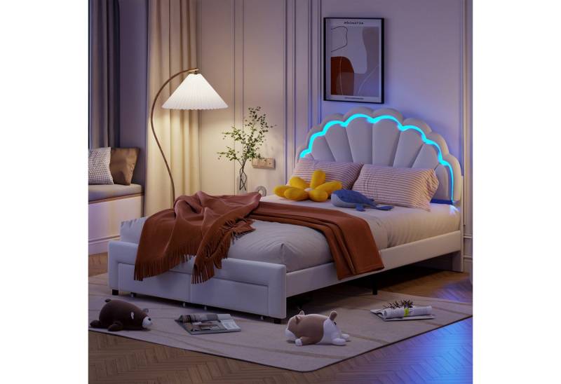 Gdood Polsterbett Kinderbett Stauraumbett Kopfteil mit LED (Muschelform, Doppelbett Gästebett Einzelbett), Mit LED Beleuchtung, Schublade und Lattenrost, Samt, 140 x 200 cm von Gdood