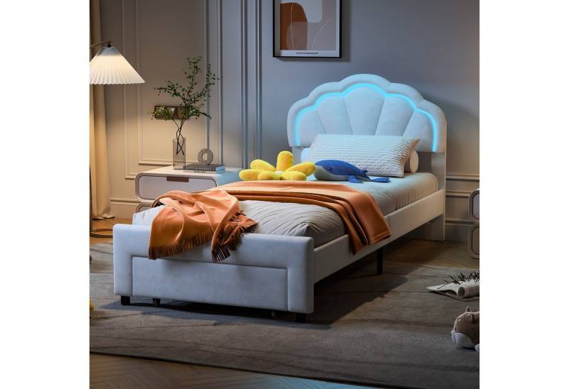 Gdood Polsterbett Kinderbett Stauraumbett Kopfteil mit LED (Muschelform, Doppelbett Gästebett Einzelbett), Mit LED Beleuchtung, Schublade und Lattenrost, Samt, 90 x 200 cm von Gdood