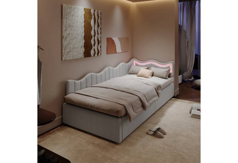 Furnishings Home Polsterbett Kinderbett LED Stauraumbett (Geeignet für Jugendliche und Kinder, Hydraulisch hebbarer Stauraum), Mit LED-Beleuchtung, Lattenrost, TeddySamt, 90x200 cm von Furnishings Home