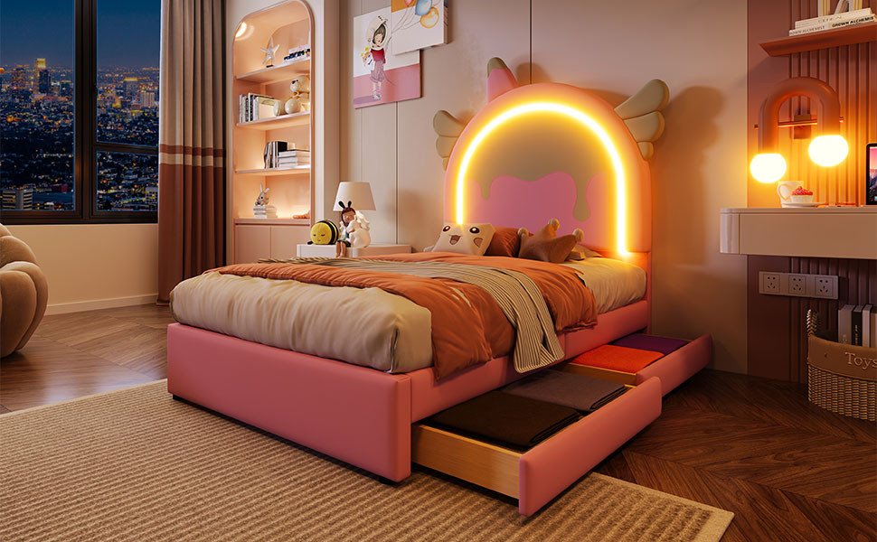 Furnishings Home Polsterbett Kinderbett Stauraumbett LED (Mit 2 Schubladen), Cartoon Einhorn-Form, Mit LED-Beleuchtung, Kunstleder, 90x200 cm von Furnishings Home