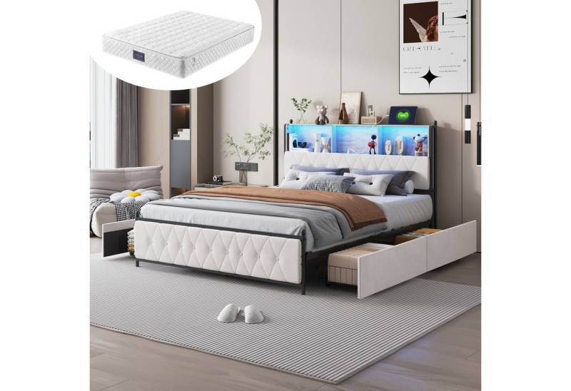 Furnishings Home Polsterbett LED Doppelbett, Stauraumbett mit Kopfteil und 4 Schubladen (7-Zonen Federkernmatratze), Mit LED-Beleuchtung, Ladefunktion, Schubladen, Samt, 160x200 cm von Furnishings Home