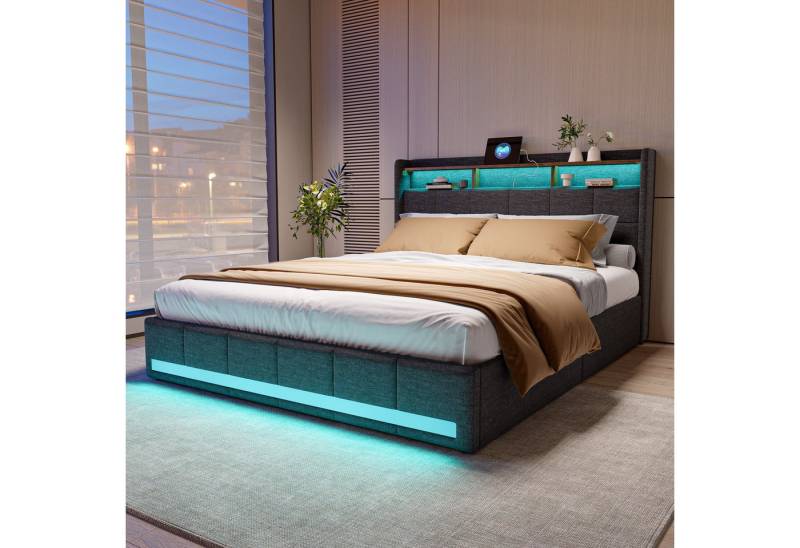 Furnishings Home Polsterbett LED Doppelbett 140x200cm, Stauraumbett mit Kopfteil und 4 Schubladen (Leinenmaterial Polsterbett mit RGB Beleuchtung), mit Lattenrost und Ladefunktion, mit Komforthöhe, Leises Design Bett von Furnishings Home