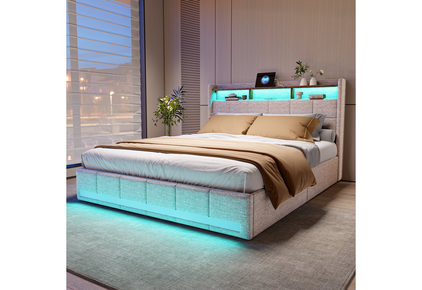 Furnishings Home Polsterbett LED Doppelbett 140x200cm, Stauraumbett mit Kopfteil und 4 Schubladen (Leinenmaterial Polsterbett mit RGB Beleuchtung), mit Lattenrost und Ladefunktion, mit Komforthöhe, Leises Design Bett von Furnishings Home