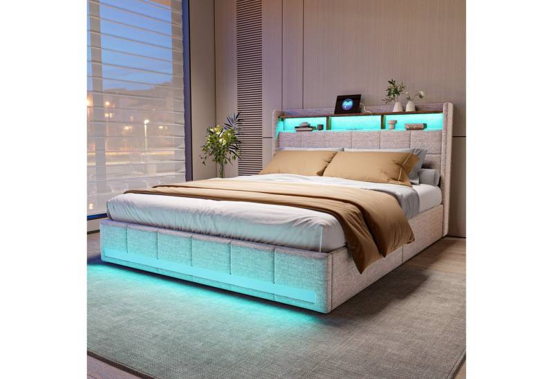 Furnishings Home Polsterbett LED Doppelbett 140x200cm, Stauraumbett mit Kopfteil und 4 Schubladen (Leinenmaterial Polsterbett mit RGB Beleuchtung), mit Lattenrost und Ladefunktion, mit Komforthöhe, Leises Design Bett von Furnishings Home