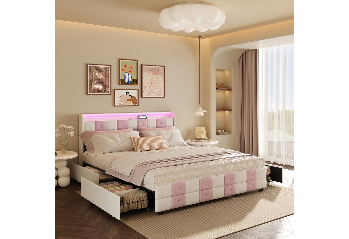 Furnishings Home Polsterbett LED Doppelbett 140x200cm, Stauraumbett mit Kopfteil und 4 Schubladen (Samtmaterial Polsterbett mit RGB Beleuchtung), mit Lattenrost und Ladefunktion, mit Komforthöhe, Leises Design Bett von Furnishings Home