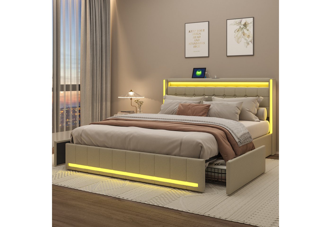 Furnishings Home Polsterbett LED Doppelbett Stauraumbett (4 Schubladen), Mit LED-Beleuchtung, USB + Type-C, Schubladen, Leinen, 180x200 cm von Furnishings Home