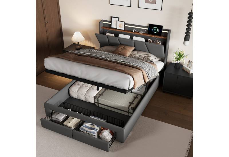 Furnishings Home Polsterbett LED Doppelbett Stauraumbett Mit Bettkasten (Hydraulisch anhebbarer Bettstauraum), Mit LED-Beleuchtung, USB & TYPE-C Anschlüsse, Leinen, 140x200 cm von Furnishings Home