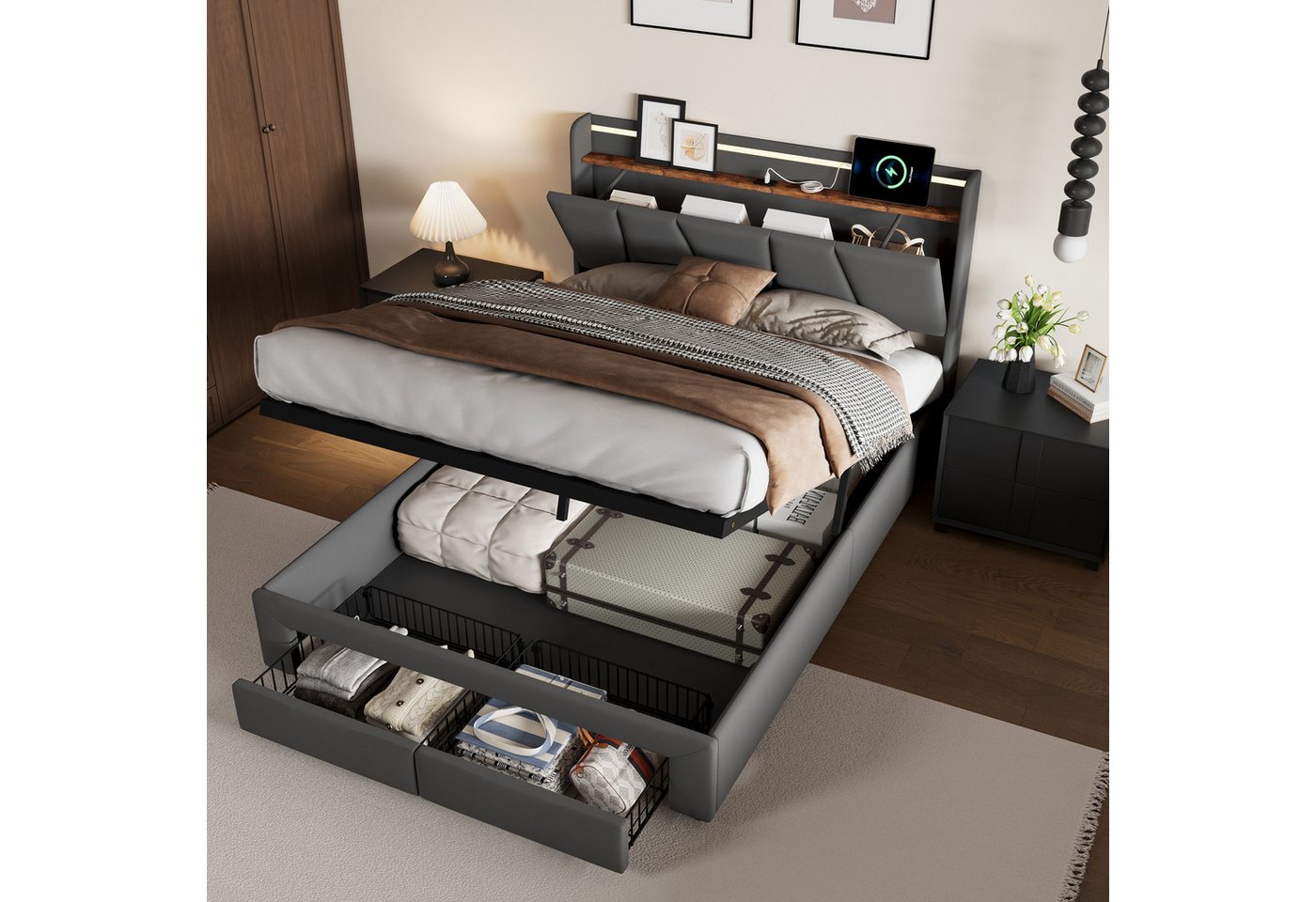 Furnishings Home Polsterbett LED Doppelbett Stauraumbett Mit Bettkasten (Hydraulisch anhebbarer Bettstauraum), Mit LED-Beleuchtung, USB & TYPE-C Anschlüsse, Leinen, 160x200 cm von Furnishings Home