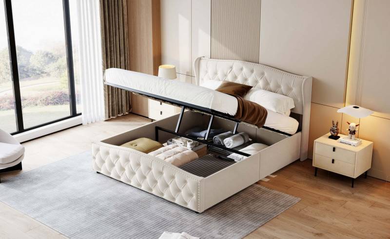 Furnishings Home Polsterbett Stauraumbett Doppelbett (Set, Luftdruckhebel anhebbarer Bettstauraum), Mit LED-Beleuchtung, Bettkasten, Samt, 140x200 cm von Furnishings Home