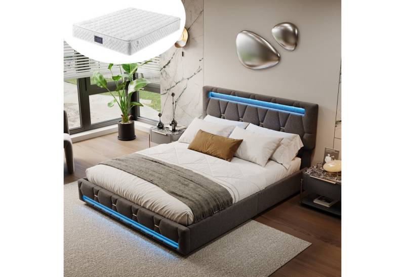 Furnishings Home Polsterbett Stauraumbett Doppelbett, Mit 7-Zonen Federkernmatratze, Mit LED-Beleuchtung, 4 Schubladen, Leinen, 140x200 cm von Furnishings Home