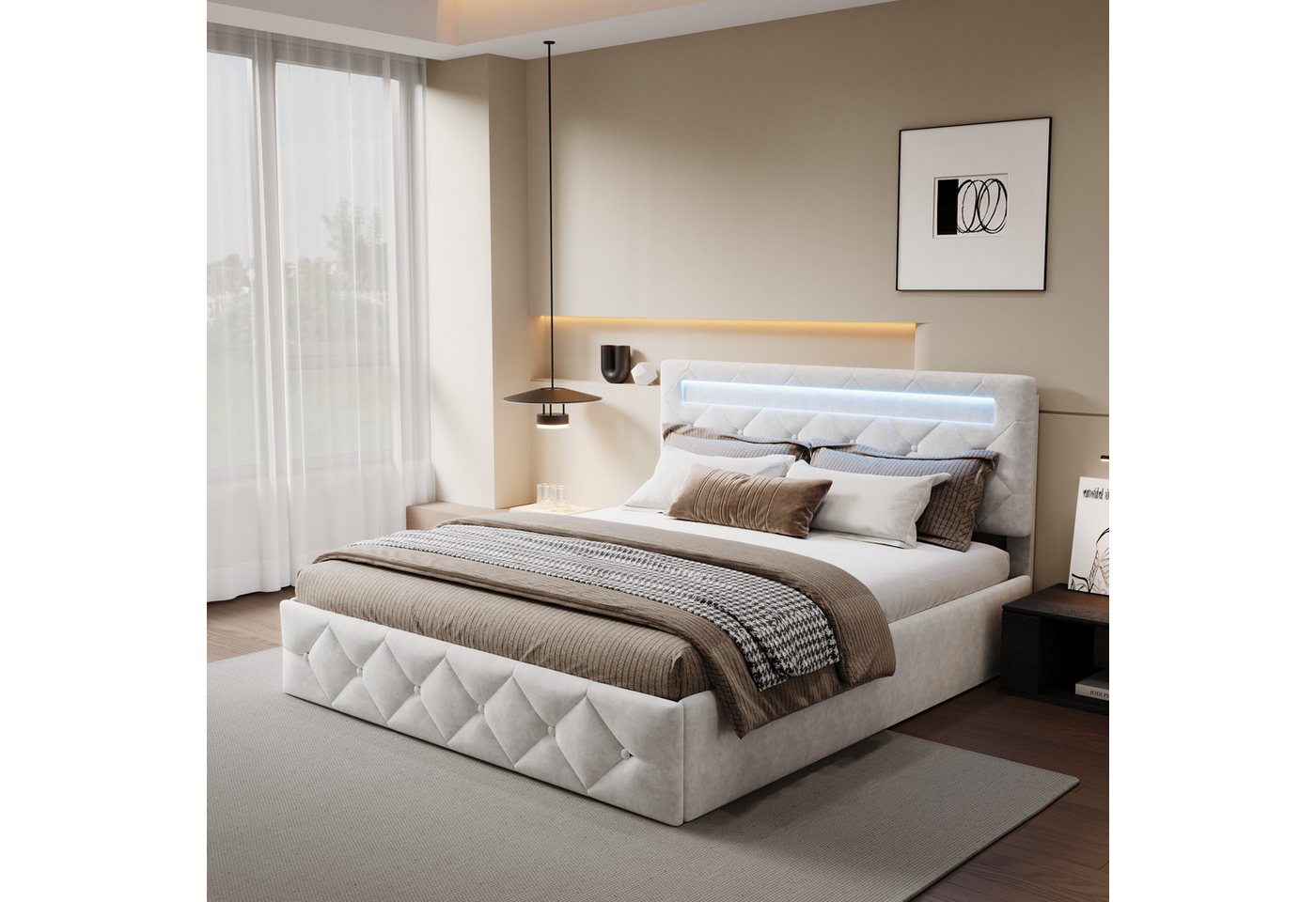 Furnishings Home Polsterbett Stauraumbett Doppelbett, gepolstertes Kopfteil (Hydraulisch anhebbarer Bettstauraum), Mit Bettkasten und LED Beleuchtung, Samt, 160x200 cm von Furnishings Home