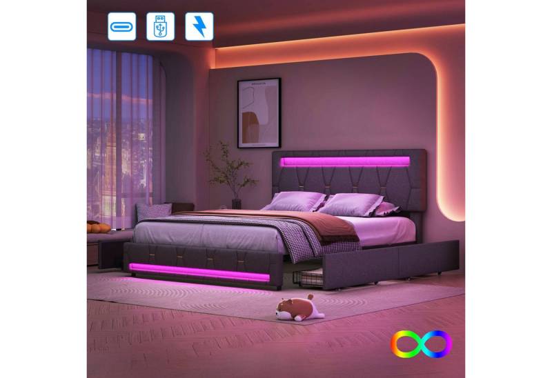 Furnishings Home Polsterbett Stauraumbett Doppelbett (Mit LED Beleuchtung, Verstellbare Kopfhöhe), Stauraum, Lattenrost, Leinen, 140x200 cm von Furnishings Home