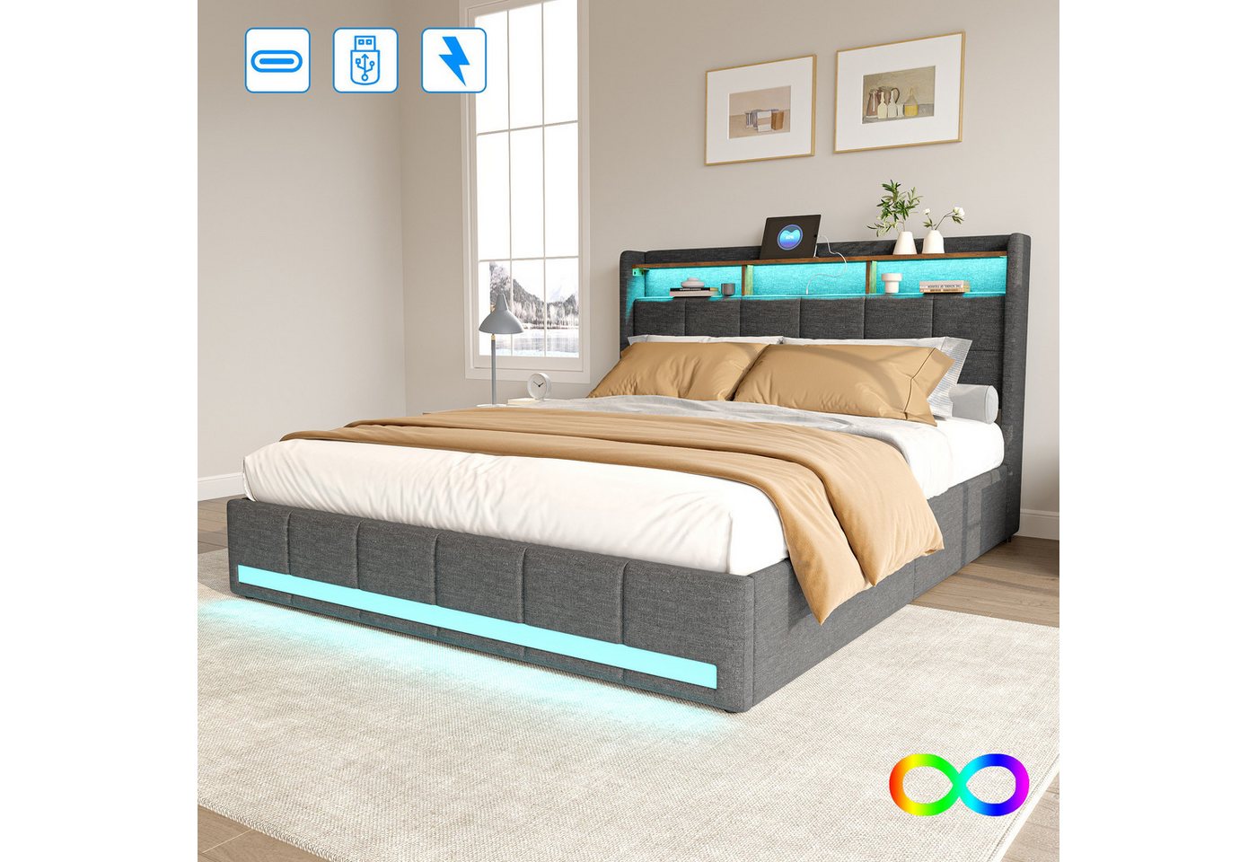 Furnishings Home Polsterbett Stauraumbett Doppelbett Jugendbett (4 Schubladen), Mit LED-Beleuchtung, 2 USB & TYPE-C Anschlüsse, Leinen, 180x200 cm von Furnishings Home