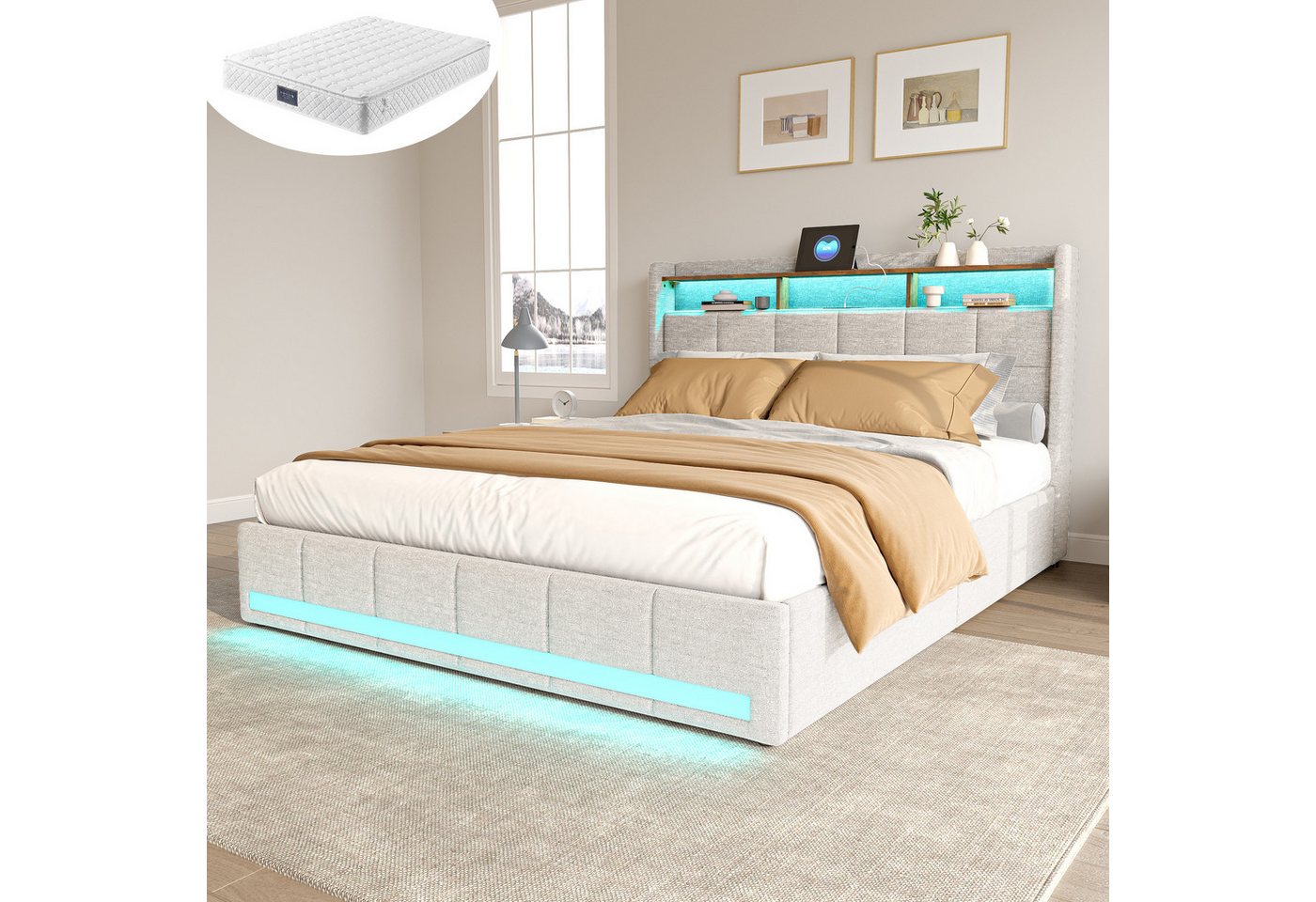 Furnishings Home Polsterbett Stauraumbett Doppelbett Jugendbett (7-Zonen Federkernmatratze), Mit LED-Beleuchtung, Matratze, USB & TYPE-C, Leinen, 140x200 cm von Furnishings Home