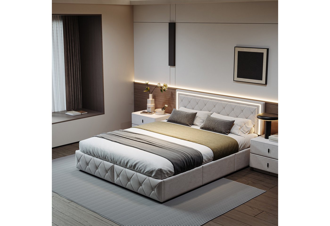 Furnishings Home Polsterbett Stauraumbett Doppelbett Jugendbett (Verstellbare Kopfteilhöhe), Mit LED-Beleuchtung,vier Schubladen auf Rollen, Kunstleder, 140x200 cm von Furnishings Home