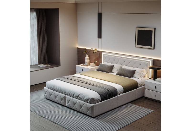 Furnishings Home Polsterbett Stauraumbett Doppelbett Jugendbett (Verstellbare Kopfteilhöhe), Mit LED-Beleuchtung,vier Schubladen auf Rollen, Kunstleder, 140x200 cm von Furnishings Home