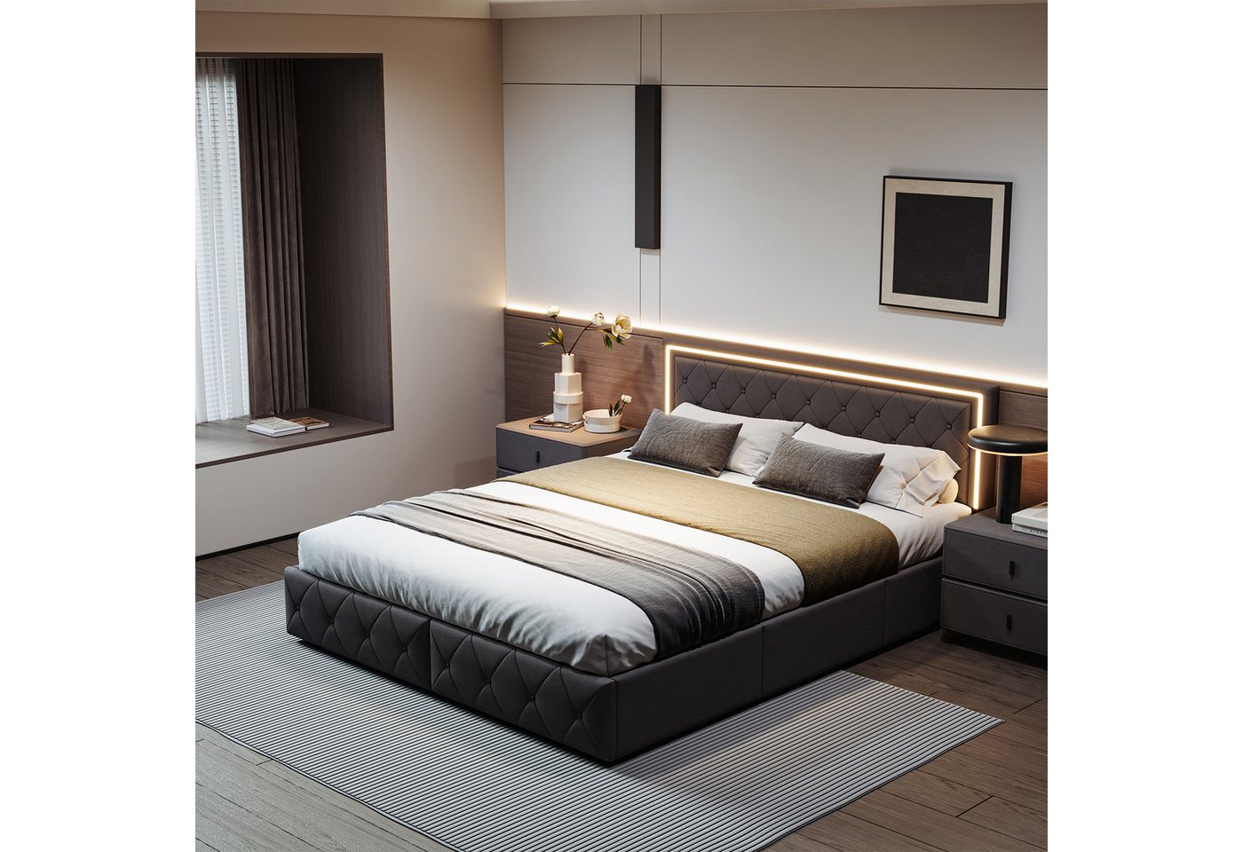 Furnishings Home Polsterbett Stauraumbett Doppelbett Jugendbett (Verstellbare Kopfteilhöhe), Mit LED-Beleuchtung,vier Schubladen auf Rollen, Kunstleder, 160x200 cm von Furnishings Home