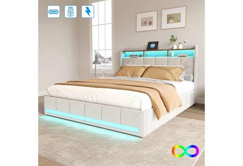 Furnishings Home Polsterbett Stauraumbett Doppelbett Jugendbett (Vier extra große Schubladen unter dem Bett), Mit LED-Beleuchtung, 2 USB & TYPE-C Anschlüsse, Leinen, 140x200 cm von Furnishings Home