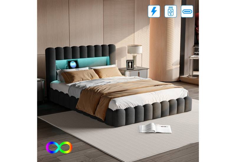 Furnishings Home Polsterbett Stauraumbett Doppelbett Jugendbett mit LED + Ladefunktion (Hydraulisch anhebbarer Bettstauraum), Mit LED-Beleuchtung, USB & Type-C, Leinen, 180x200 cm von Furnishings Home