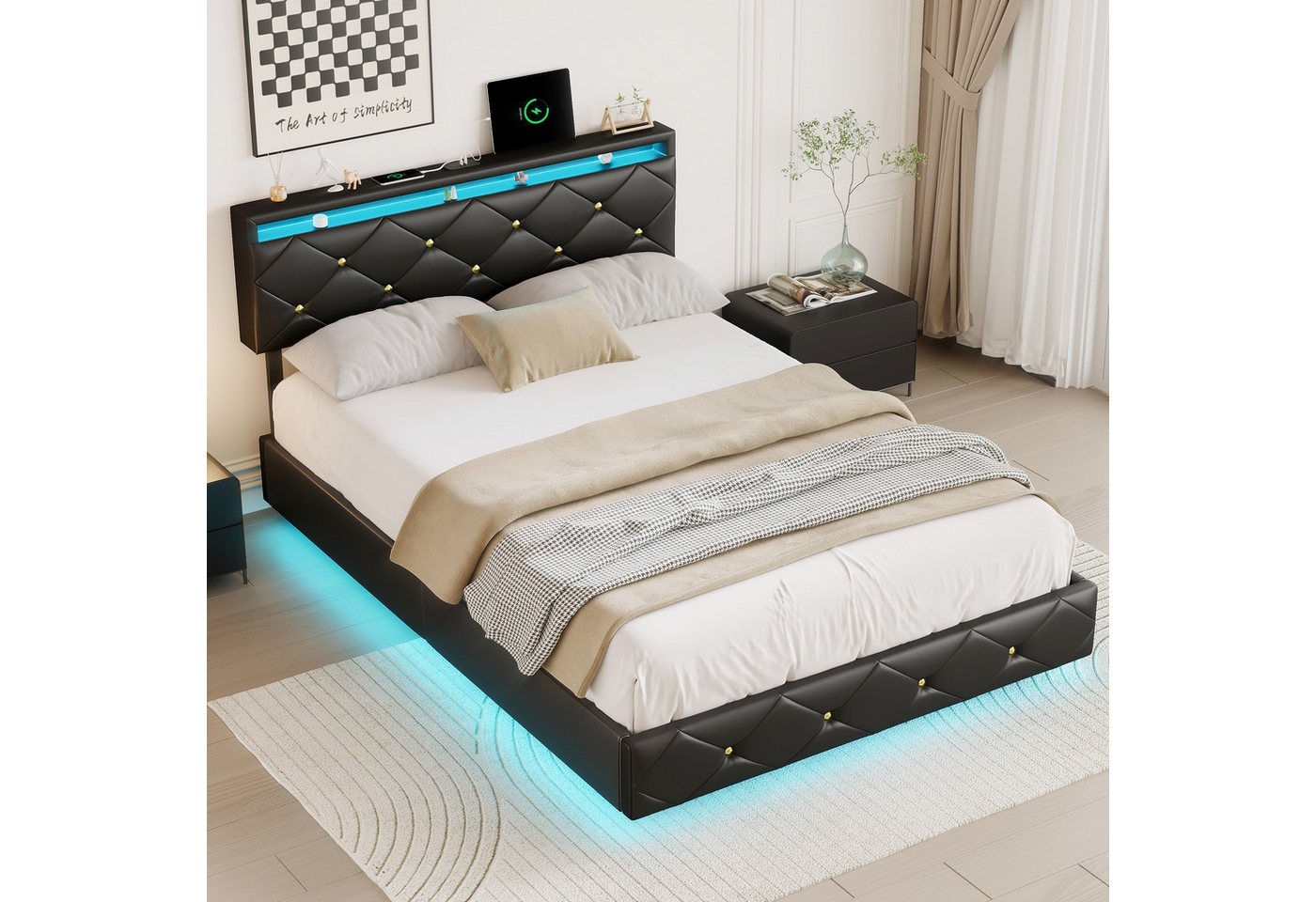 Furnishings Home Polsterbett Stauraumbett Doppelbett LED, Pustoff (USB + TYPE-C, Hydraulisch hebbarer Stauraum), Jugendbett, Mit LED-Beleuchtung, Anschlüsse, 140x200 cm von Furnishings Home