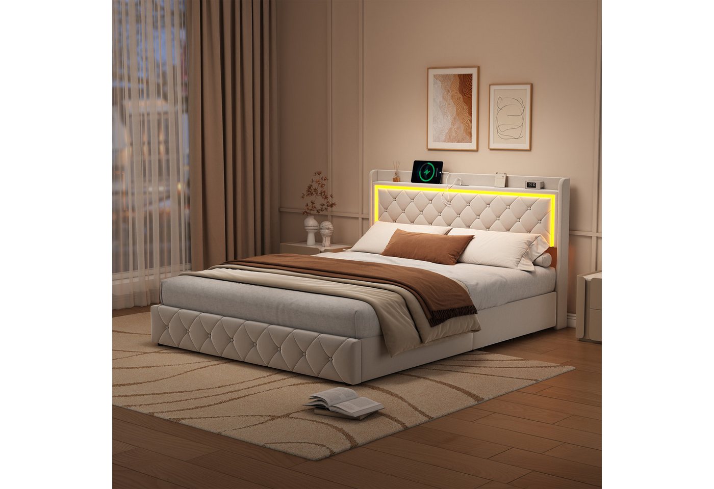 Furnishings Home Polsterbett Stauraumbett Doppelbett LED, Samtstoff (1-tlg), Mit 4 Schubladen, LED-Beleuchtung, USB-Anschluss, 140x200 cm von Furnishings Home