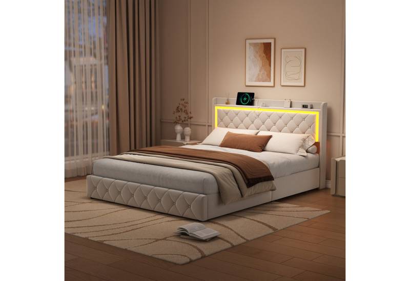 Furnishings Home Polsterbett Stauraumbett Doppelbett LED, Samtstoff (1-tlg), Mit 4 Schubladen, LED-Beleuchtung, USB-Anschluss, 140x200 cm von Furnishings Home