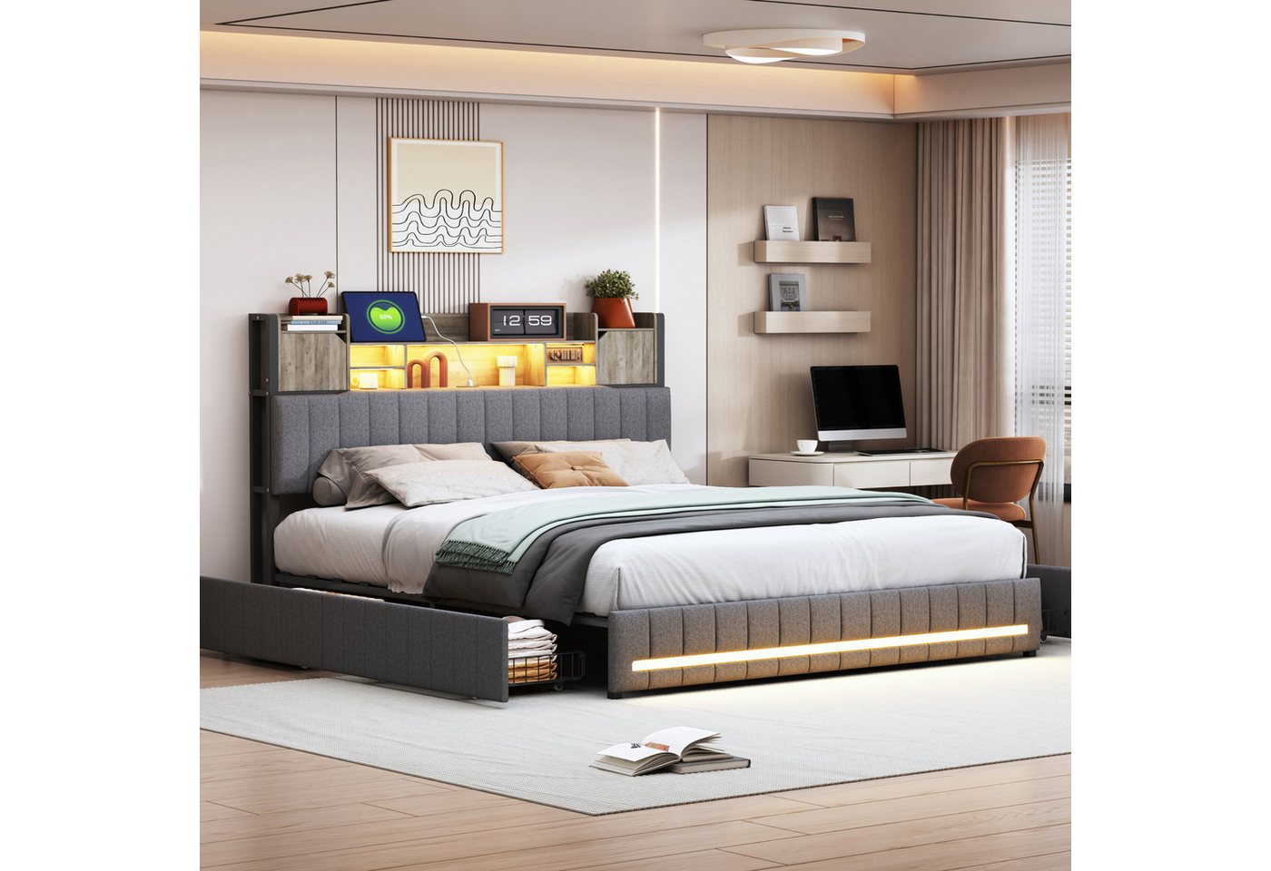 Furnishings Home Polsterbett Stauraumbett Doppelbett LED (1 tlg, Mit Vier extra große Schubladen, USB + TYPE-C Ladeanschluss), Multifunktionsbett, Mit LED-Beleuchtung, Nachttisch, Leinen,160x200 cm von Furnishings Home