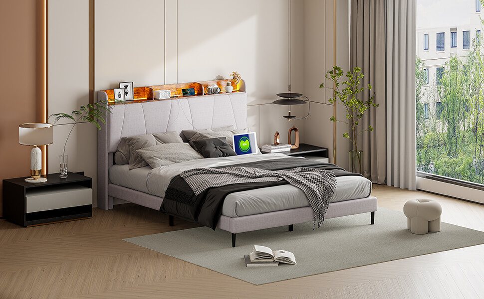 Furnishings Home Polsterbett Stauraumbett Doppelbett LED (2 USB + 1 TYPE-C), Mit LED-Beleuchtung, Ladefunktion, Lattenrost, Samt, 140x200 cm von Furnishings Home