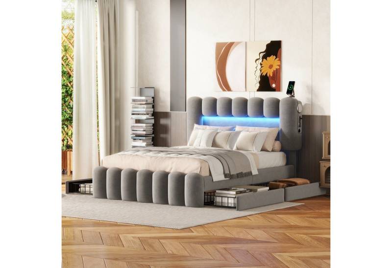 Furnishings Home Polsterbett Stauraumbett Doppelbett LED (2 USB + 4 Schubladen), Mit Stereoanlage, LED-Beleuchtung, Ladefunktion, Samt, 140x200 cm von Furnishings Home