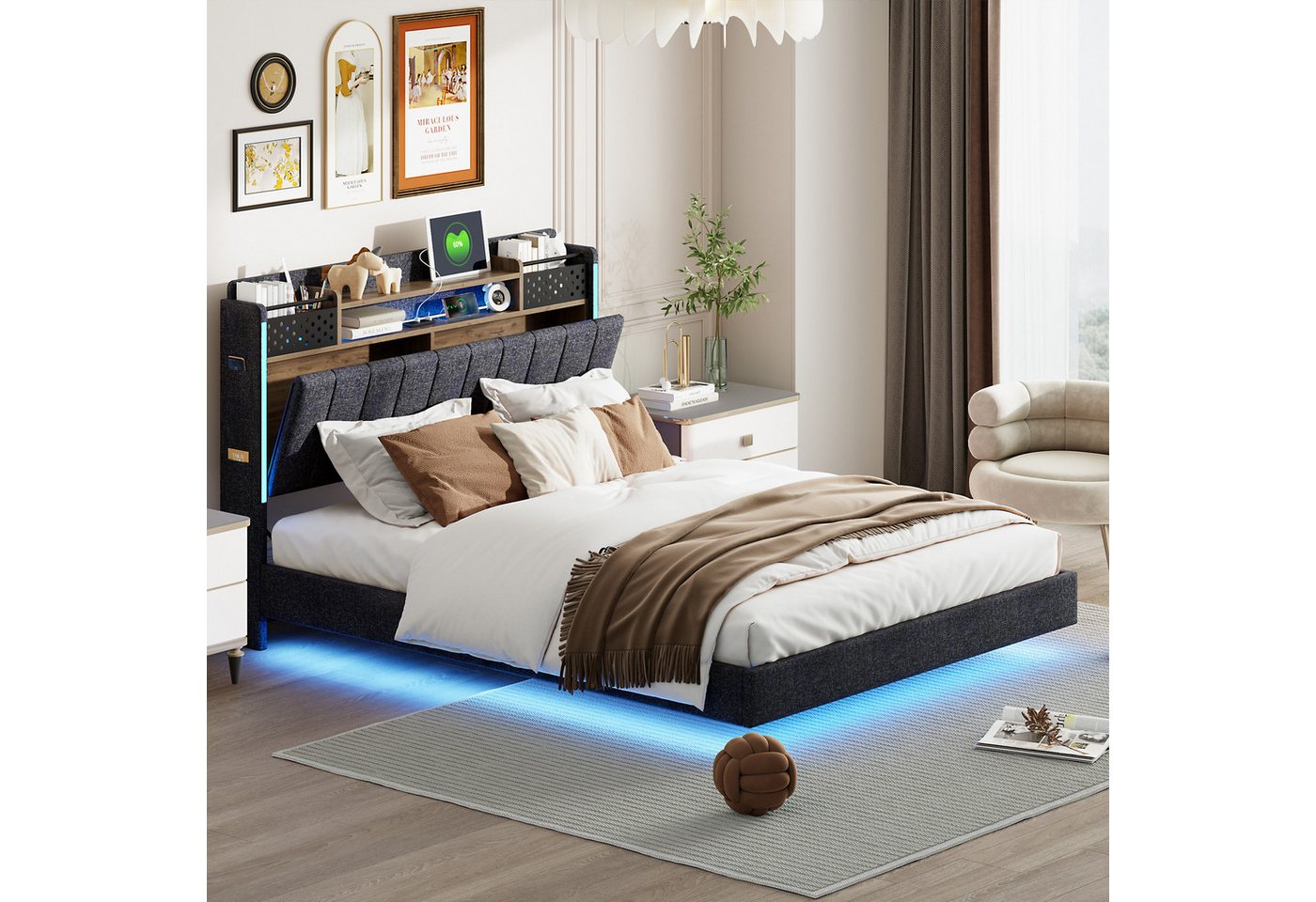 Furnishings Home Polsterbett Stauraumbett Doppelbett LED (3 USB & 1 TYPE-C, Klappbares Kopfteil), Mit LED-Beleuchtung, Nachttisch, Ladefunktion, Leinen, 160x200 cm von Furnishings Home
