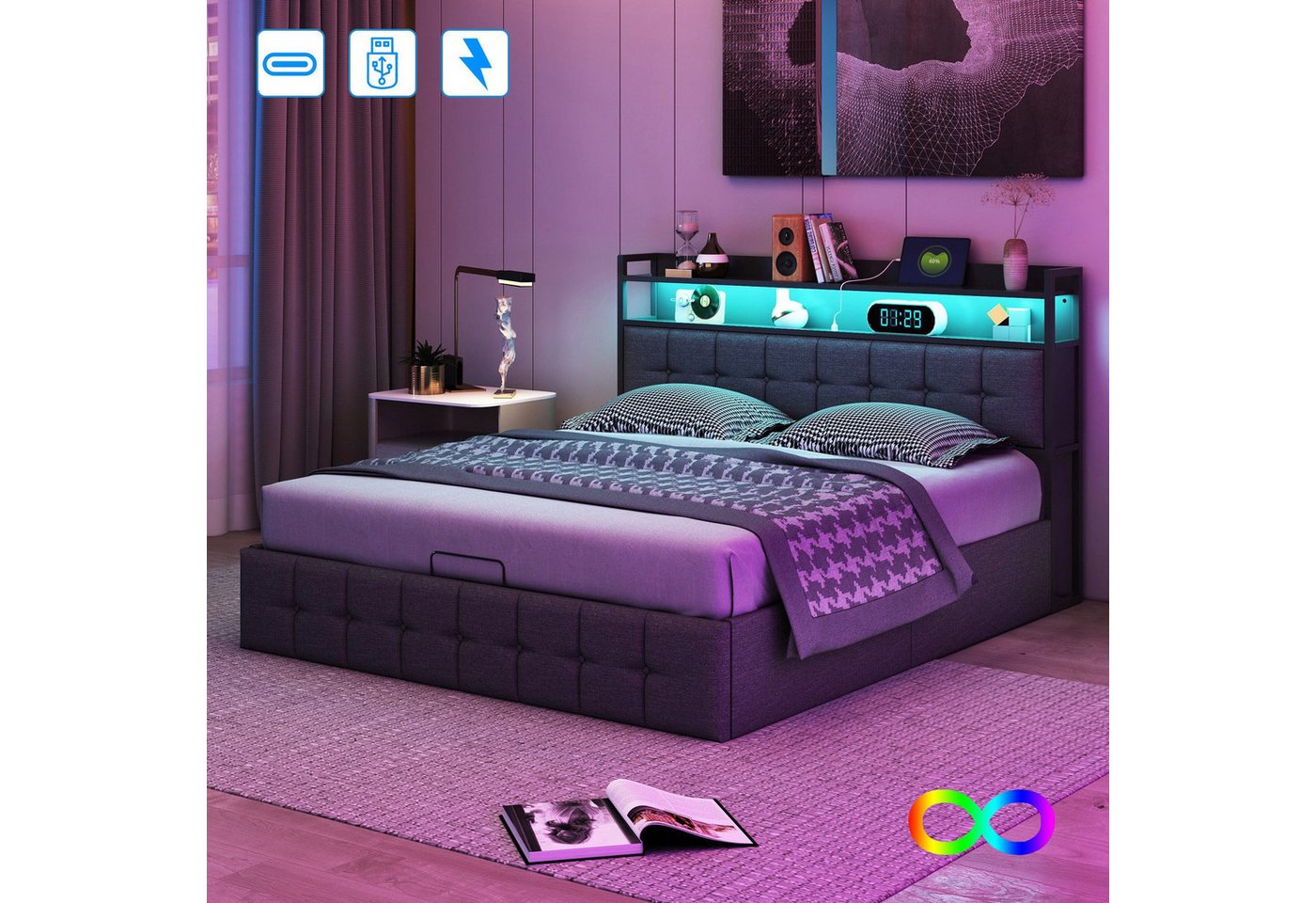 Furnishings Home Polsterbett Stauraumbett Doppelbett LED (Ausgestattet mit hydraulischem Bettkasten), Mit LED-Beleuchtung, Bettkasten, Ladefunktion, Leinen, 140x200 cm von Furnishings Home