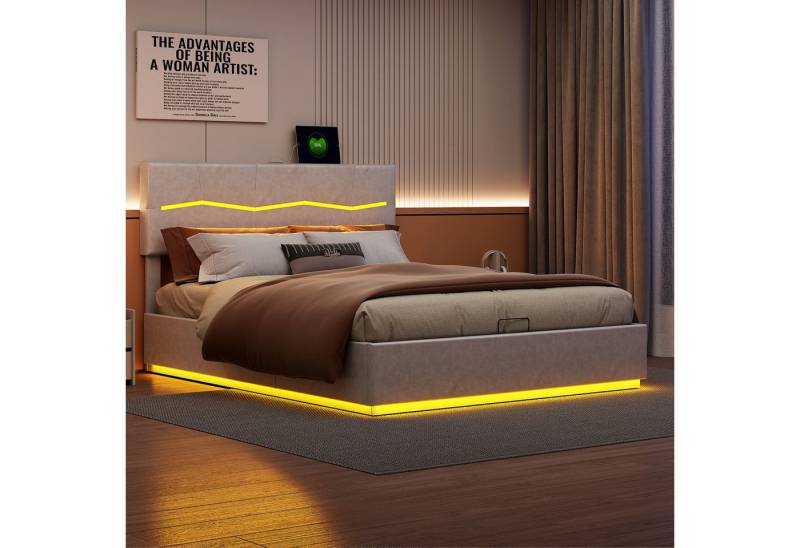 Furnishings Home Polsterbett Stauraumbett Doppelbett LED (Hydraulisch hebbarer Stauraum), Inkl. LED-Beleuchtung, Ladeanschluss, Bettkasten, PU, 160x200 cm von Furnishings Home