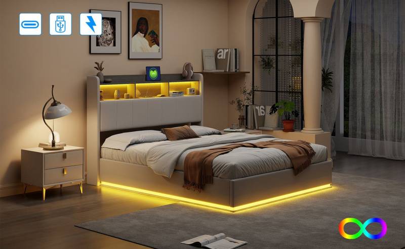 Gdood Polsterbett Stauraumbett Doppelbett LED (Hydraulisch hebbarer Stauraum), Mit LED-Beleuchtung, Bettkasten, Ladefunktion, Samt, 140x200 cm von Gdood