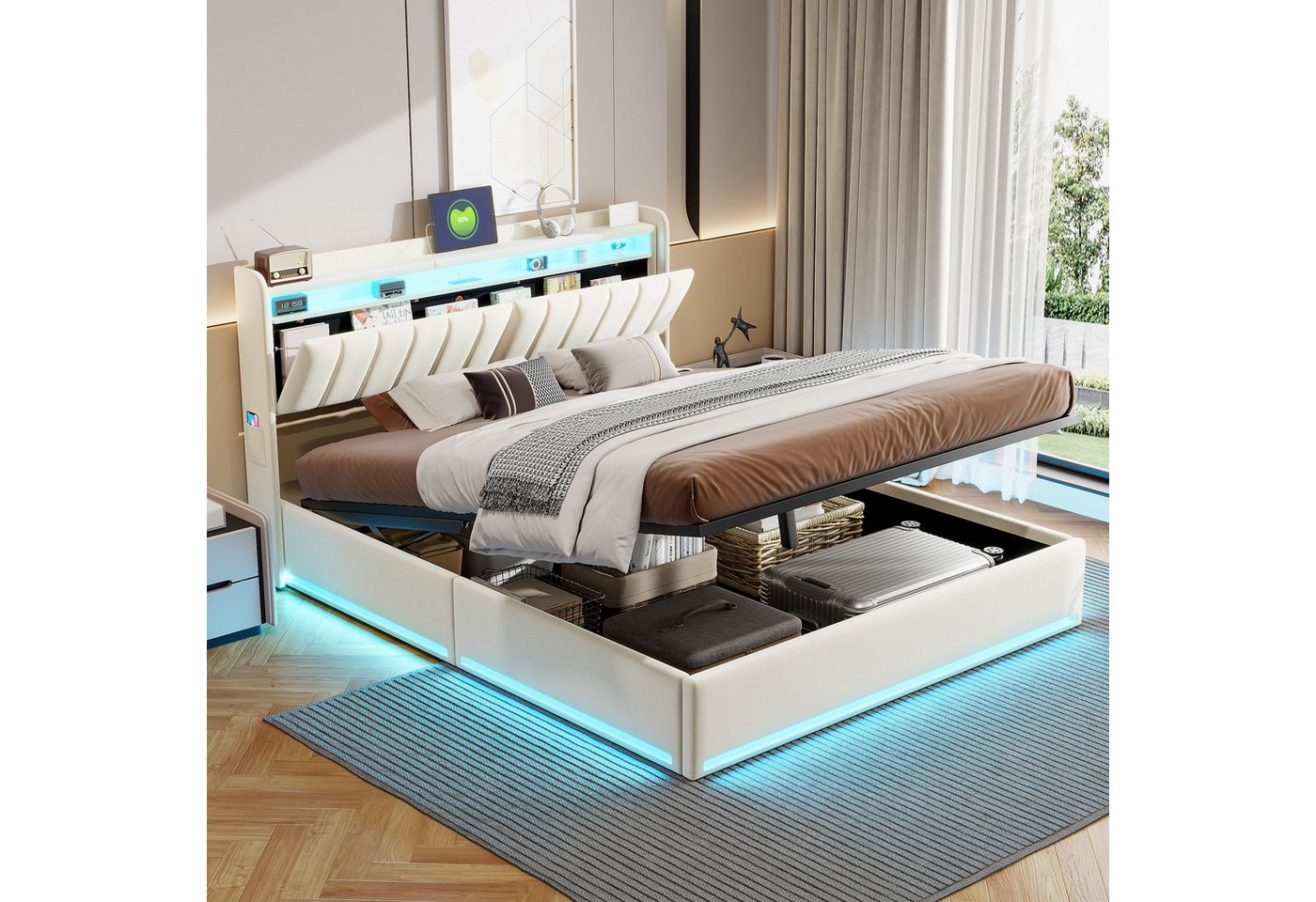 Furnishings Home Polsterbett Stauraumbett Doppelbett LED (Hydraulisch hebbarer Stauraum), Mit LED-Beleuchtung, Bettkasten, Ladefunktion, Samt, 140x200 cm von Furnishings Home