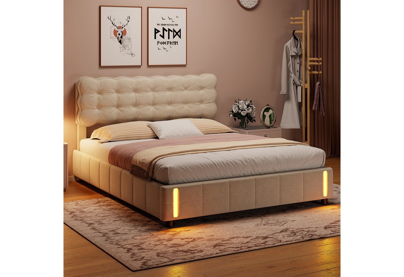 Furnishings Home Polsterbett Stauraumbett Doppelbett LED (Hydraulisch hebbarer Stauraum), Mit LED-Beleuchtung, Bettkasten, Lattenrost, Leinen, 160x200 cm von Furnishings Home