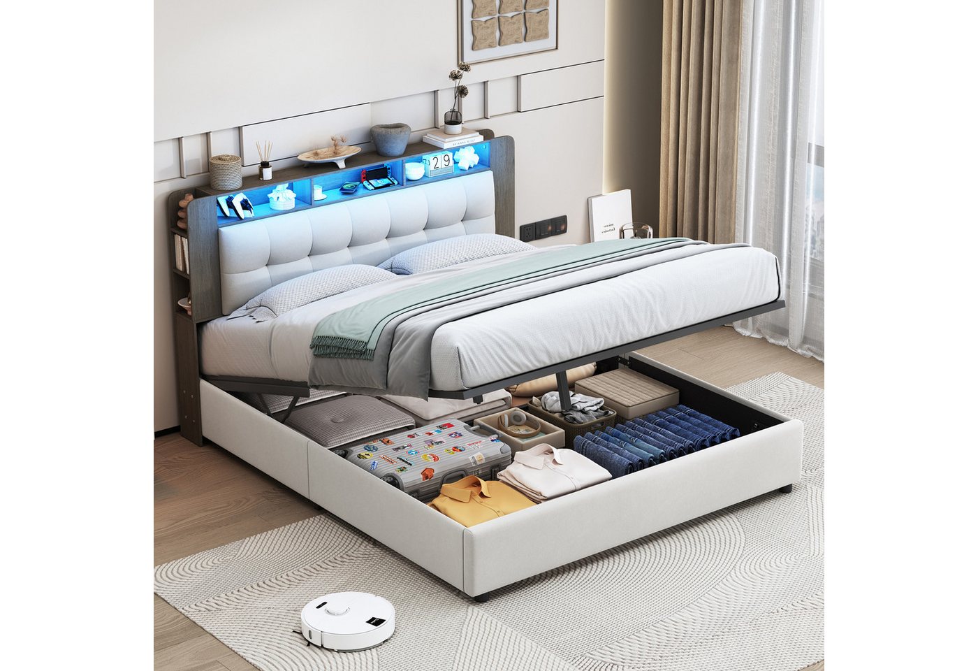 Furnishings Home Polsterbett Stauraumbett Doppelbett LED + Hydraulisch (geeignet für Jugendliche und Kinder), Mit LED-Licht, Lattenrost, Kabelloses Laden, Samt, 140x200 cm von Furnishings Home