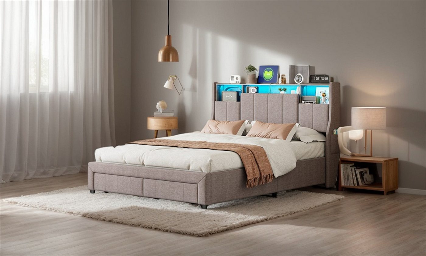 Furnishings Home Polsterbett Stauraumbett Doppelbett LED Samtstoff (1-tlg., Zwei USB + Zwei Steckdosen, Viel Stauraum), Multifunktionsbett,mit LED-Beleuchtung, Lattenrost, Leinen, 140x200 cm von Furnishings Home
