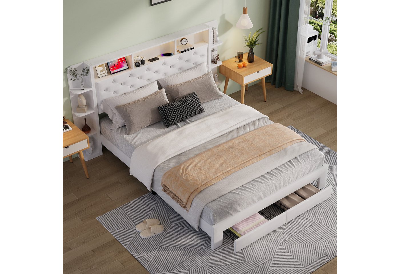 Furnishings Home Polsterbett Stauraumbett Doppelbett LED Samtstoff (Mit Nachttischen und Schubladen), Mit LED-Beleuchtung, Steckdose & USB & TYPE-C, 160x200 cm von Furnishings Home