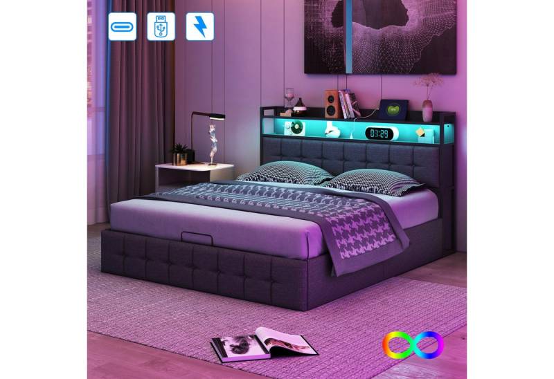 Gdood Polsterbett Stauraumbett Doppelbett LED USB (1 tlg., hydraulisch hebbarem Stauraum), Mit LED-Licht, Nachttisch, Ladefunktion, Lattenrost,Leinen, 140x200 cm von Gdood